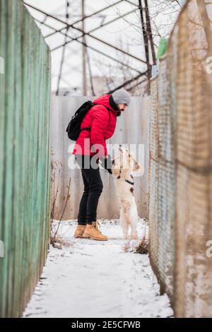 Man with an excited dog outdoors among the fences. Walking enjoying winter time with pets Stock Photo