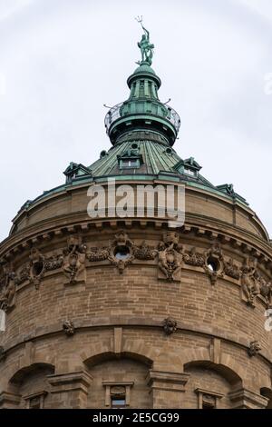 Water Tower Landmark, Wasserturm in Mannheim, Baden-Wuerttemberg, Germany on a cloudy day Stock Photo