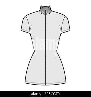 Turtleneck zip-up dress technical fashion illustration with short sleeves, mini length, fitted body, Pencil fullness. Flat apparel template front, grey color. Women, men unisex CAD mockup Stock Vector