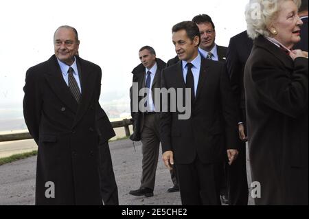 Former French President Jacques Chirac and French President Nicolas Sarkozy during their visit in Colombey-les-deux-Eglises, eastern France, on October 11, 2008. Photo by Elodie Gregoire/ABACAPRESS.COM Stock Photo