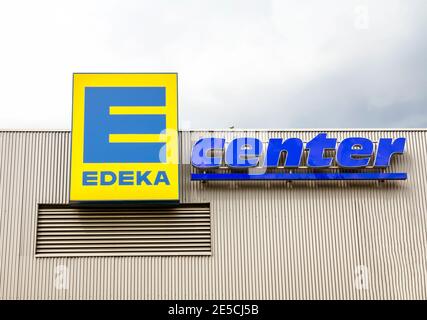 Furth, Germany : EDEKA sign at branch. The Edeka Group is the largest German supermarket corporation. Stock Photo