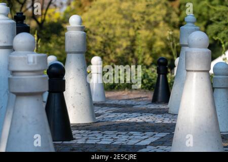 Group of Life-Sized Pawns with the focus being on the middle row Stock Photo