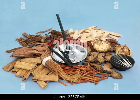 Chinese acupuncture needles &  moxa sticks used in moxibustion treatment with herbs & spice used in traditional herbal medicine. On mottled blue. Stock Photo