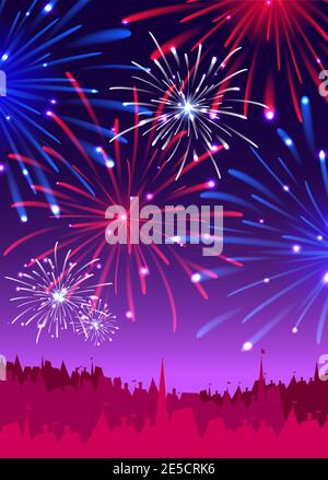 Fireworks over the Old Town. Vector Illustration. Stock Vector