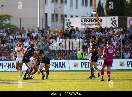 Catalans Dragon's Dimitri Pelo tackled by Wigan Warrior's Andy Coley during the Engage Super League play-offs Rugby match, Catalans Dragons vs Wigan Warriors at the Gilbert Brutus stadium in Perpignan, France on September 20, 2008. Wigan Warriors won 26-50. Photo by Michel Clementz/Cameleon/ABACAPRESS.COM Stock Photo