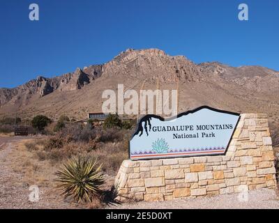 Entrance to Guadalupe Mountains National Park in Texas, USA on highway 180/62 in Salt Flat, Texas. The park borders Texas and New Mexico. Stock Photo