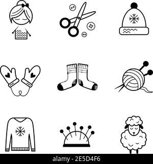 Set of simple stylish black line icons for needlework Stock Vector