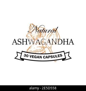 Hand drawn Ashwagandha logo isolated on white background. Vector illustration in sketch style. Stock Vector