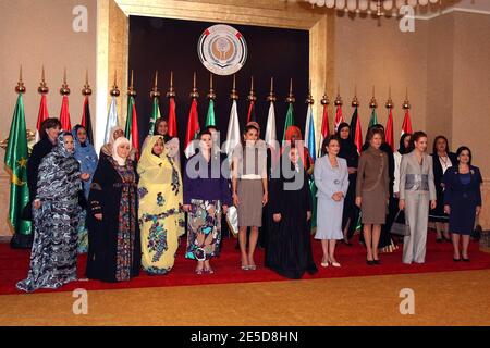 First ladies of Arab states (from L): Mauritania's Takabur Bint Ahmed of Mauritania, Palestine's Amina Abbas, Sudan's Widad Babakar, Tunisia's Laila Ben Ali, Jordan's Queen Rania, Bahrain's Sheikha Sabeeka, Egypt's Suzanne Mubarak, Syria's Asma Al Assad, Morocco's Lalla Salma and Lebanon's Wafaa Suleiman, pose for a group photo before the 2nd Arab Women's Conference in Abu Dhabi, United Arab Emirates, on November 11, 2008. Photo by Balkis Press/ABACAPRESS.COM Stock Photo