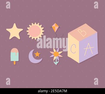 set of cute icons on a purple background Stock Vector