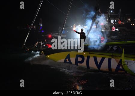 Charlie Dalin (fra) sailing on the Imoca Apivia during the arrival of the 2020-2021 Vendee Globe, 9th edition of the solo non-stop round the world yacht race, on January 27th 2021 in Les Sables-d&#039;Olonne, France - Photo Christophe Favreau / DPPI / LM Stock Photo