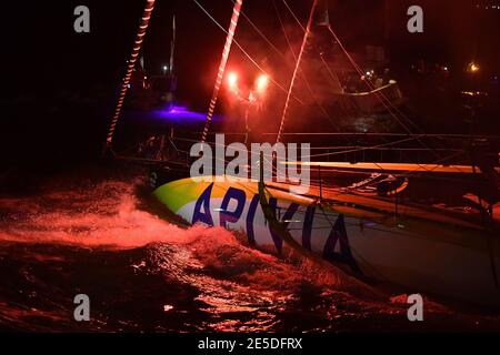 Charlie Dalin (fra) sailing on the Imoca Apivia during the arrival of the 2020-2021 VendÃ©e Globe, 9th edition of the solo non-stop round the world yacht race, on January 27th 2021 in Les Sables-d'Olonne, France - Photo Christophe Favreau / DPPI / LiveMedia Stock Photo