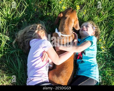 Overhead view of two girls lying on the grass cuddling their dog, Poland Stock Photo