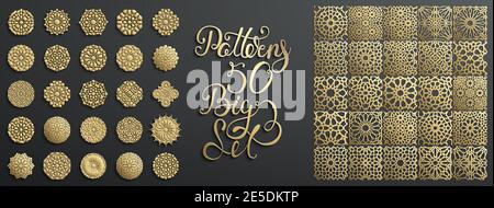 Gold ornament on black. Islamic pattern set. Arabic geometric pattern bundle, east ornament, indian ornament, persian motif. Eid mubarak wall art gold Stock Vector