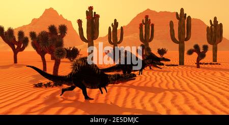 Three Arizonasaurus dinosaurs go hunting for prey at sunset in the Arizona desert in the Triassic Period. Stock Photo