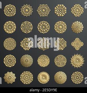 Gold Islamic ornament vector on black background, persian motiff. 3D flower arabic star geomeric ornament. Round pattern elements arabesque mandala Stock Vector