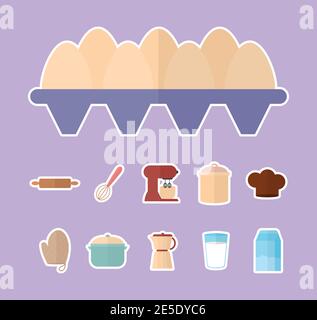 bundle of kitchenware icons on a purple background Stock Vector