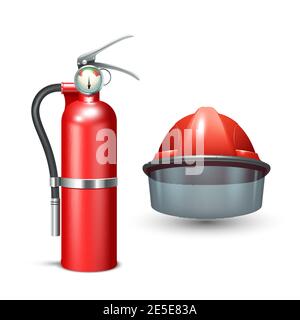 Red realistic firefighter helmet and fire extinguisher isolated vector illustration Stock Vector