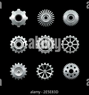 Shiny metal gears set isolated on dark background vector illustration Stock Vector