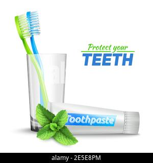 Design concept set with toothbrushes in glass  and mint toothpaste vector illustration Stock Vector