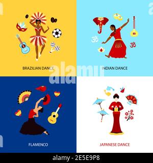 Woman dancing design concept set with brazilian indian japanese dance and flamenco isolated vector illustration Stock Vector