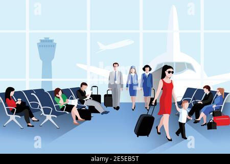 People on airport composition with plane window and luggage flat vector illustration Stock Vector