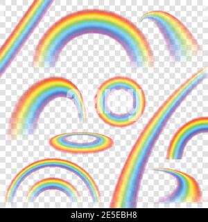 Rainbows in different shape realistic set on transparent background isolated vector illustration Stock Vector