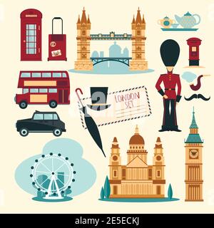 London touristic set with flat telephone booth tower bridge and cab isolated vector illustration Stock Vector