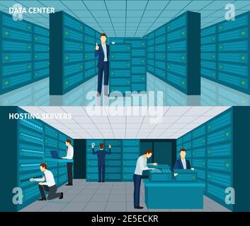 Datacenter horizontal banner set with hosting servers elements isolated vector illustration Stock Vector