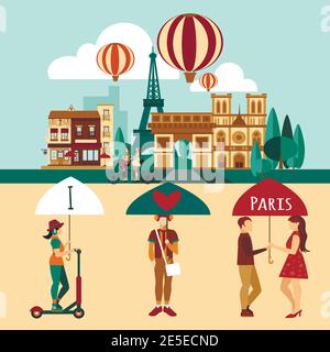 Paris touristic set with famous landmarks and tourist people vector illustration Stock Vector