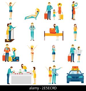 International vacation travelling flat icons set with taxi sightseeing and selfie making tourists abstract isolated vector illustration Stock Vector