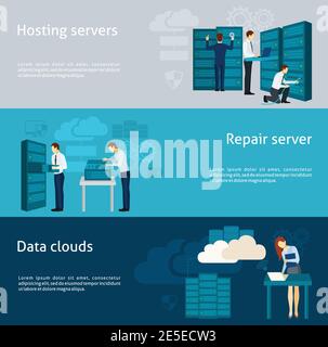 Datacenter horizontal banner set with hosting servers and data clouds elements isolated vector illustration Stock Vector