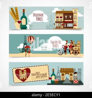 Paris horizontal banner set with touristic elements isolated vector illustration Stock Vector