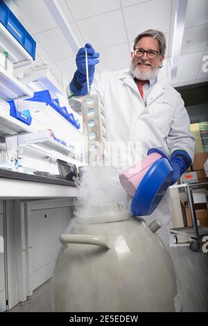 Kevin Hicok, Head of Research and Development at Direct Biologics, seen here pulling ExoFlo out of dry ice at Direct Biologics Research & Development Laboratories University of California. Doctors have been amazed by this new Innovative COVID-19 Treatment ExoFlo. The treatment fulfills an unmet but urgent medical need. Medical professionals are enthusiastic about unlocked potential of regenerative properties of bone marrow mesenchymal stem cell (MSC)-derived extracellular vesicles and ExoFlo. ExoFlo Represents a New Frontier in Regenerative Health Solutions. Stock Photo