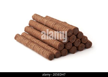 Crispy waffle sticks with cream isolated on white background Stock Photo