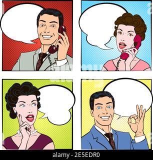 Comics human with phone or ok gesture and message bubble color decorative icon set isolated vector illustration Stock Vector