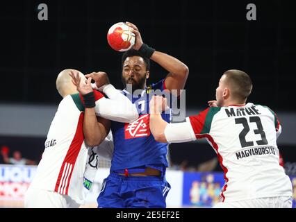 Cairo Egypt. 27th Jan 2021. Hicham Hakimi R of Morocco vies with Edvaldo L. Da Silva Ferreira of Angola during President s Cup Place 29 30 match between Angola and Morocco at the 27th