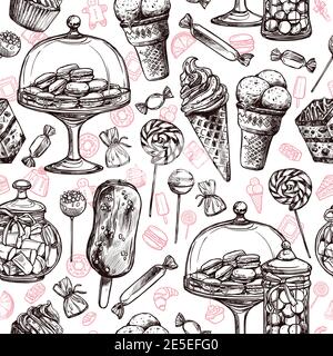 Sweets seamless pattern with hand drawn cakes chocolate candies vector illustration Stock Vector