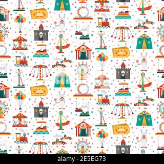 Travelling carnival amusement park show fair seamless festive pattern with retro tickets clown and castle vector illustration Stock Vector