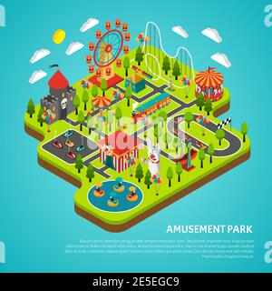 Amusement park fairground with big ferris observation wheel and bumper cars attractions isometric colorful banner vector illustration Stock Vector