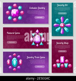 Jewelry banners set with natural gems and jewelry art symbols flat isolated vector illustration Stock Vector