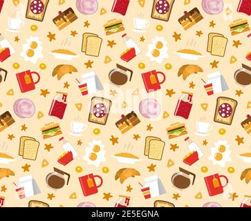 Breakfast seamless pattern with sandwiches cake and coffee flat vector illustration Stock Vector