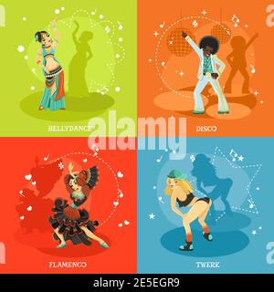 Bellydance disco flamenco and twerk 4 flat icons composition with music notes symbols shadow isolated vector illustration Stock Vector