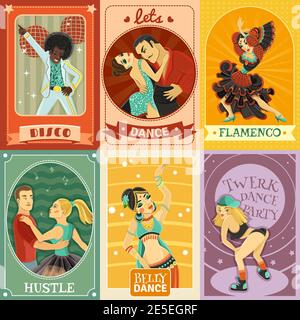 Retro style disco club advertisement poster with 6 flat vintage  pair dance icons composition isolated vector illustration Stock Vector