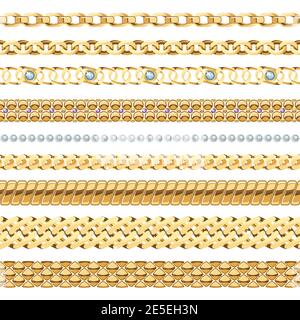 Jewelry chains realistic set with gold and pearl chains isolated vector illustration Stock Vector