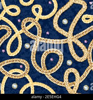 Gold chain seamless pattern with jewels on blue background realistic vector illustration Stock Vector