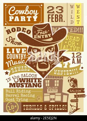 Cowboy poster with saloon and wanted dead or alive symbols flat vector illustration Stock Vector