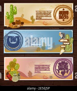 Cowboy cartoon horizontal banners set with desert rodeo and sheriff symbols on wooden background isolated vector illustration Stock Vector