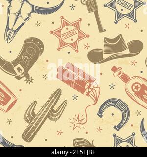 Cowboy seamless pattern with cactus dynamite and hat flat vector illustration Stock Vector