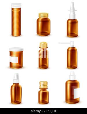 Pharmaceutical transparent bottles realistic set with liquid medicines isolated vector illustration Stock Vector